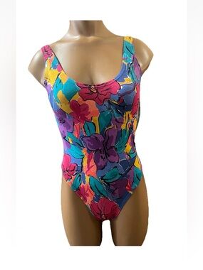 NWT SzM 80s Vintage DOLFIN Bodysuit Tropical Flowers Workout Leotard ~Aerobics